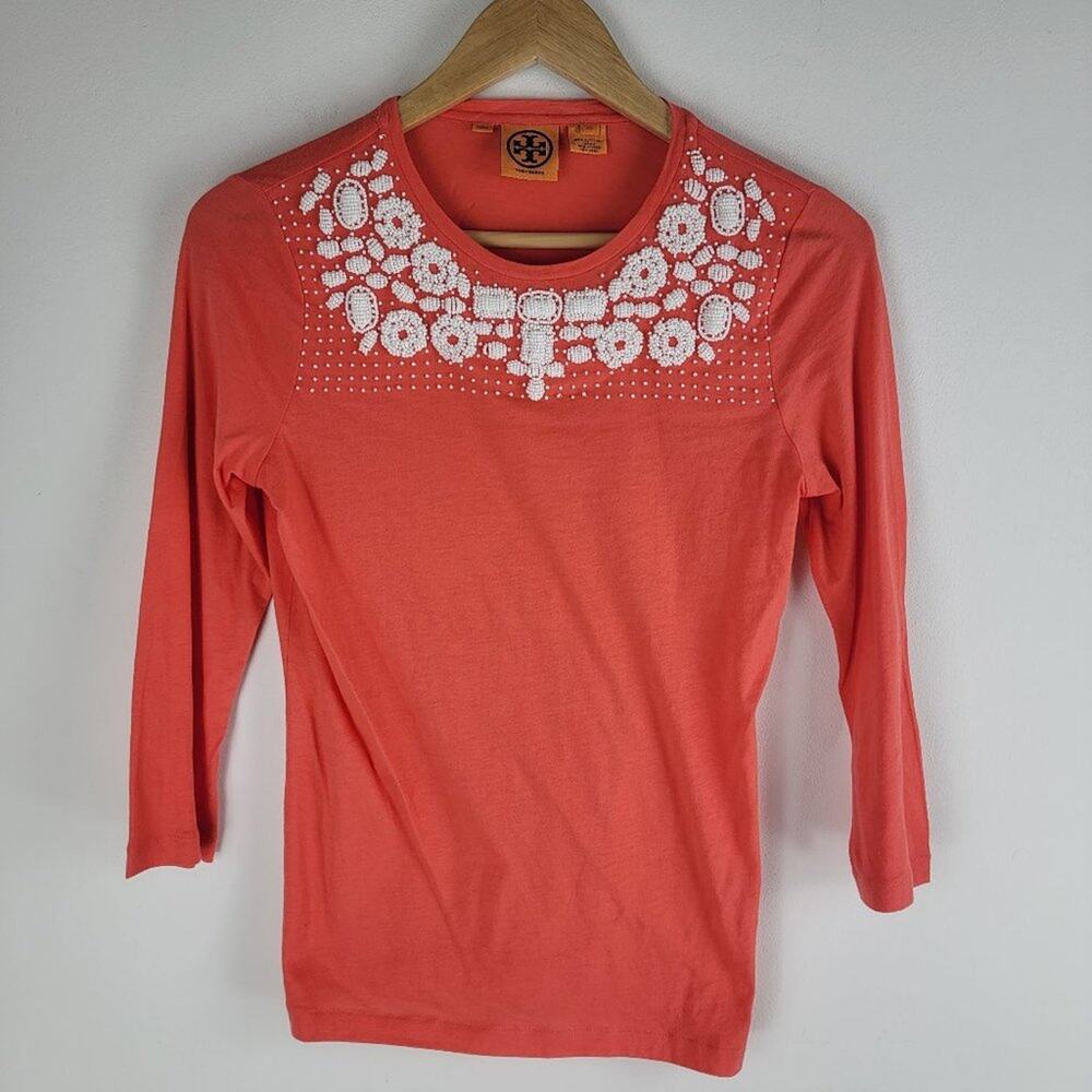 Tory Burch Embellished Long Sleeve Blouse Pink Crew Neck Size XS - Picture 2 of 6